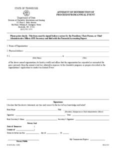 Reset Form  STATE OF TENNESSEE AFFIDAVIT OF DISTRIBUTION OF PROCEEDS FROM ANNUAL EVENT Department of State