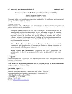 FY 2016 DoD Call For Proposals: Topic 3  January 8, 2015 Environmental Security Technology Certification Program (ESTCP) RESOURCE CONSERVATION