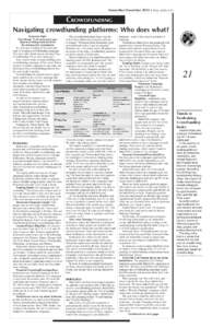 November/December 2013 • State of the Arts  CROWDFUNDING Navigating crowdfunding platforms: Who does what? By Jessica Rajko Posted Aug. 13 at www.azarts.gov,