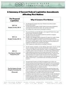 A Summary of Current Federal Legislative Amendments Affecting First Nations The Proposed Legislation  Why It Concerns First Nations