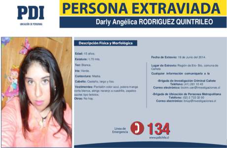 Darly Angélica RODRIGUEZ QUINTRILEO  Edad: 15 años. Estatura: 1.70 mts. Tez: Blanca. Iris: Verde.