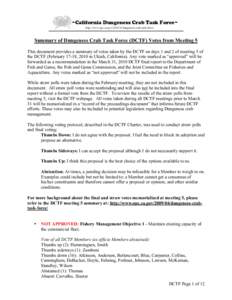 Summary of Dungeness Crab Task Force (DCTF) Votes from Meeting 5 This document provides a summary of votes taken by the DCTF on days 1 and 2 of meeting 5 of the DCTF (February 17-18, 2010 in Ukiah, California). Any vote 