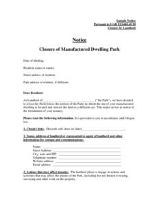 Form - Sample Notice for OAR[removed]Closure of Manufactured Dwelling Park