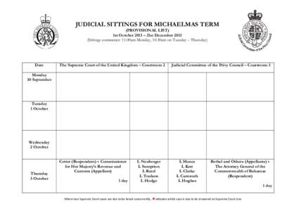 Michaelmas Term 2013 Judicial Sittings - The Supreme Court