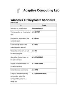 Adaptive Computing Lab Windows XP Keyboard Shortcuts edited list To Set focus on a notification.