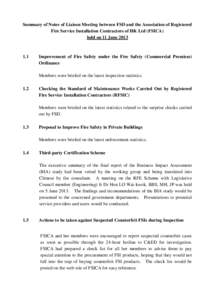 Summary of Notes of Liaison Meeting between FSD and the Association of Registered Fire Service Installation Contractors of HK Ltd (FSICA) held on 11 June[removed]