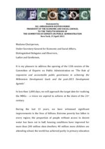 Statement by H.E. AMBASSADOR NESTOR OSORIO PRESIDENT OF THE ECONOMIC AND SOCIAL COUNCIL TO THE TWELFTH SESSION OF THE COMMITTEE OF EXPERTS ON PUBLIC ADMINISTRATION New York, 15 April 2013