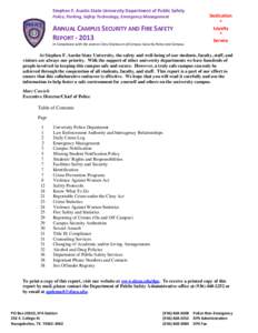 Stephen F. Austin State University Department of Public Safety Police, Parking, Safety Technology, Emergency Management ANNUAL CAMPUS SECURITY AND FIRE SAFETY REPORT[removed]In Compliance with the Jeanne Clery Disclosure 