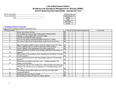 Lodi Unified School District Readiness and Emergency Management for Schools (REMS) School Safety/Security/Vulnerability - Assessment Tool Name of Assessor: _________________________________ School Site Name: ____________