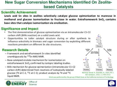 New Sugar Conversion Mechanisms Identified On Zeolitebased Catalysts Scientific Achievement Lewis acid Sn sites in zeolites selectively catalyze glucose epimerization to mannose in methanol and glucose isomerization to f