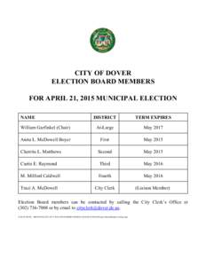 CITY OF DOVER ELECTION BOARD MEMBERS FOR APRIL 21, 2015 MUNICIPAL ELECTION NAME  DISTRICT