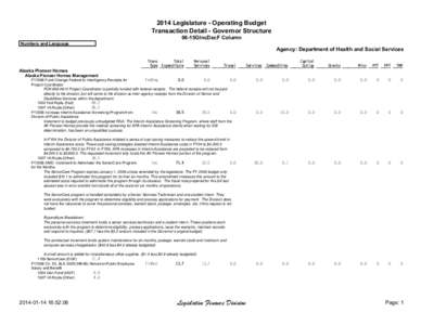 2014 Legislature - Operating Budget Transaction Detail - Governor Structure 06-15GIncDecF Column Numbers and Language  Agency: Department of Health and Social Services