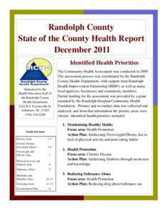 Randolph County State of the County Health Report December 2011 Identified Health Priorities  Submitted by the