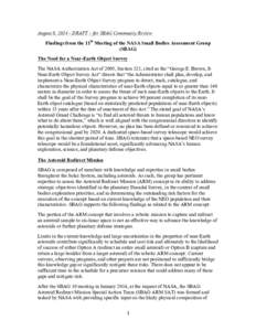 August 8, [removed]DRAFT – for SBAG Community Review Findings from the 11th Meeting of the NASA Small Bodies Assessment Group (SBAG) The Need for a Near-Earth Object Survey The NASA Authorization Act of 2005, Section 321