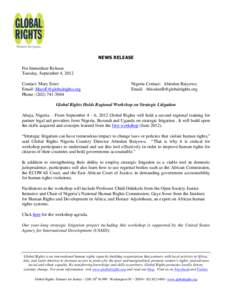 NEWS RELEASE For Immediate Release Tuesday, September 4, 2012 Contact: Mary Ester Email: [removed] Phone: ([removed]