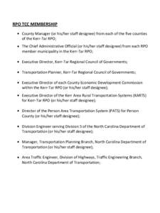 RPO TCC MEMBERSHIP County Manager (or his/her staff designee) from each of the five counties of the Kerr‐Tar RPO; The Chief Administrative Official (or his/her staff designee) from each RPO member municipality in the K