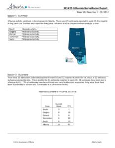 [removed]Influenza Surveillance Report Week 50, December 7–13, 2014 Section 1: Summary Influenza activity continues to trend upward in Alberta. There were 25 outbreaks reported in week 50, the majority in long-term care