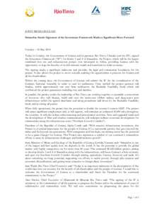 JOINT MEDIA RELEASE Simandou South: Signature of the Investment Framework Marks a Significant Move Forward Conakry – 26 May 2014 Today in Conakry, the Government of Guinea and its partners, Rio Tinto, Chinalco and the 
