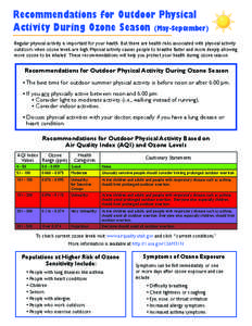 Recommendations for Outdoor Physical 	 Activity During Ozone Season (May-September) Regular physical activity is important for your health. But there are health risks associated with physical activity outdoors when ozone