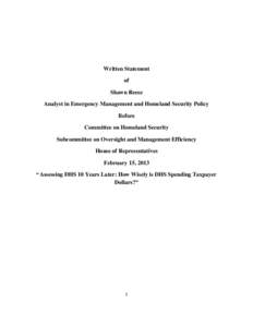 Written Statement of Shawn Reese Analyst in Emergency Management and Homeland Security Policy Before Committee on Homeland Security