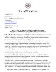 State of New Mexico John A. Sanchez Lieutenant Governor Contact: Mark Van Dyke or Vincent Torres