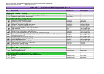 More information to apply: http://sydney.edu.au/engineering/it/current_students/undergrad/summer_scholarships.shtml Enquiries: [removed] Website: www.nicta.com.au USYD- NICTA List Summer Scholarship Proje