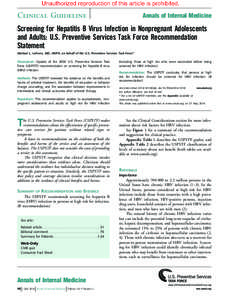 Clinical Guideline  Annals of Internal Medicine Screening for Hepatitis B Virus Infection in Nonpregnant Adolescents and Adults: U.S. Preventive Services Task Force Recommendation