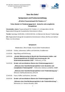 Save the Date: Symposium und Festveranstaltung „20 Jahre Frauennetzwerk für Frieden e.V.“ - Stand: JuniSave the Date! Symposium und Festveranstaltung