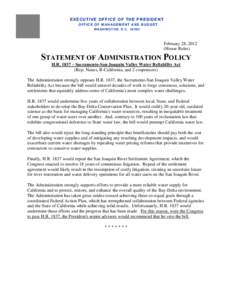 Statement of Administration Policy on H.R. 1837 – Sacramento-San Joaquin Valley Water Reliability Act