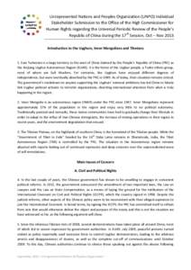 Unrepresented Nations and Peoples Organization (UNPO) Individual Stakeholder Submission to the Office of the High Commissioner for Human Rights regarding the Universal Periodic Review of the People’s Republic of China 