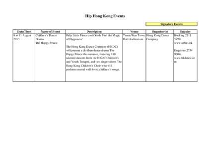 Hip Hong Kong Events Signature Events Date/Time 9 to 11 August 2013