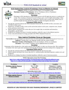 WIDA ELD Standards in Action! ELD Student Data Analysis Workshops: Focus on Districts & Schools Audience: District or School-Level Teams (3 to 6 members each) Maximum Number of Participants: 30 for 1 Facilitator, 60 for 