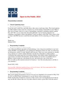 Open to the Public Report of Comments Received by CPB:  January 2014