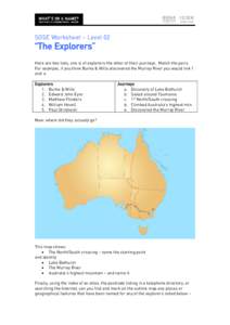 SOSE Worksheet — Level 02  “qÜÉ=bñéäçêÉêëÒ= Here are two lists, one is of explorers the other of their journeys. Match the pairs. For example, if you think Burke & Wills discovered the Murray River you wou