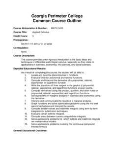 Georgia Perimeter College Common Course Outline Course Abbreviation & Number: Course Title:  Applied Calculus