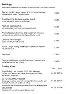 Puddings Before ordering, please speak to a member of our team if you have a food allergy or intolerance Askham garden apple, pecan and cinnamon sponge toffee apple ice cream, Calvados sauce