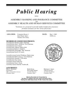 Public Hearing before ASSEMBLY BANKING AND INSURANCE COMMITTEE and