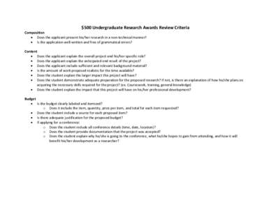 $500 Undergraduate Research Awards Review Criteria  Composition • Does the applicant present his/her research in a non-technical manner? • Is the application well-written and free of grammatical errors?