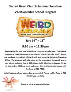 Sacred	
  Heart	
  Church	
  Summer	
  Sonshine	
   Vacation	
  Bible	
  School	
  Program	
   	
     	
   	
  