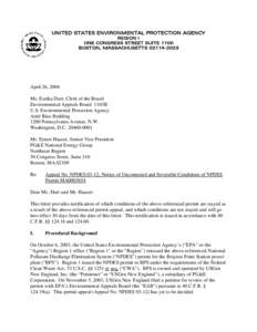 Appeal No. NPDES 03-12; Notice of Uncontested and Severable Conditions of NPDES Permit MA0003654