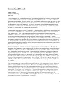 Community and Diversity Daniel Aleshire ATS Biennial Meeting June 2012 I grew up at a time and in congregations where anything that resembled sex education was perceived as a Communist plot, likely designed to destabiliz