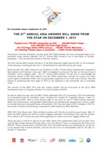 For immediate release: September 19, 2013  THE 27 th ANNUAL ARIA AWARDS WILL SHINE FROM THE STAR ON DECEMBER 1, 2013 Peaked over 750,000 viewership on GO! … 100,000 Public Votes … over 500,000 YouTube Page Views …