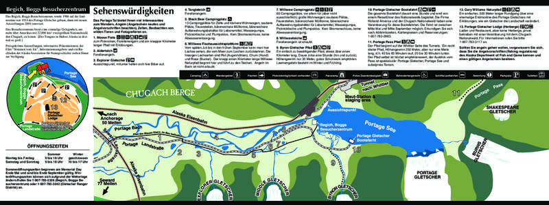 Begich, Boggs Besucherzentrum Das Begich, Boggs Besucherzentrum wurde 1986 auf der Endmoräne von 1914 des Portage Gletscher gebaut, dann mit neuen Ausstellungen 2001 renoviert. Das Besucherzentrum bietet eine einmalige 
