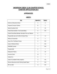 INDEX  ANDERSON CREEK CLUB CHARTER SCHOOL CHARTER APPLICATION 2013 APPENDICES -INDEXItem