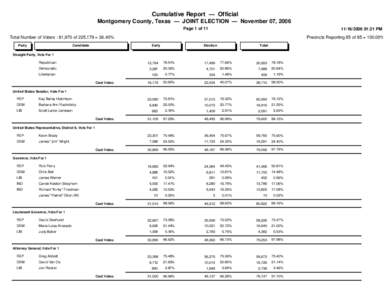 Cumulative Report — Official Montgomery County, Texas — JOINT ELECTION — November 07, 2006 Page 1 of:21 PM