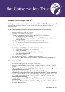 What do Bat Group’s get from BCT? Bat Groups can enter into a memorandum of understanding (MOA) with BCT. There are two types of MOA: a Partner Agreement (signed by Partner Groups) and a Network Agreement (signed by Ne