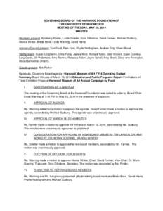 GOVERNING BOARD OF THE HARWOOD FOUNDATION OF THE UNIVERSITY OF NEW MEXICO MEETING OF TUESDAY, MAY 20, 2014 MINUTES Members present: Kymberly Pinder, Lucile Grieder, Dora Dillistone, David Farmer, Michael Sudbury, Marcia 