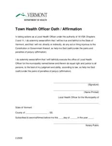 Vermont Town Health Officer Oath/Affirmation Form