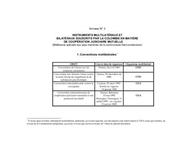 Annexe N° 3 INSTRUMENTS MULTILATÉRAUX ET BILATÉRAUX SOUSCRITS PAR LA COLOMBIE EN MATIÈRE DE COOPÉRATION JUDICIAIRE MUTUELLE (Référence spéciale aux pays membres de la communauté ibéro-américaine)