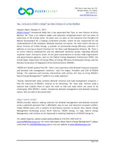 2901 West Coast Hwy, Ste 350 Newport Beach, CA4415 www.REGENenergy.com  Paul Tyno Joins REGEN Energy™ as New Director of Utility Markets